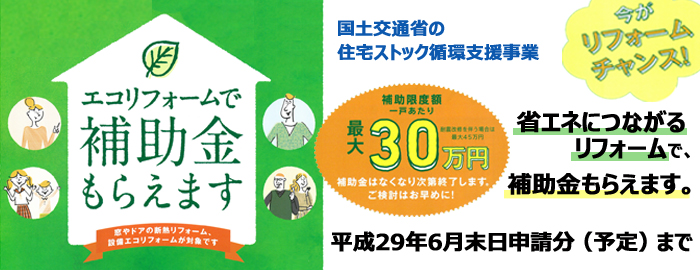 今がリフォームのチャンス！<br />
エコリフォームで最大３０万円の補助金を受けられます！